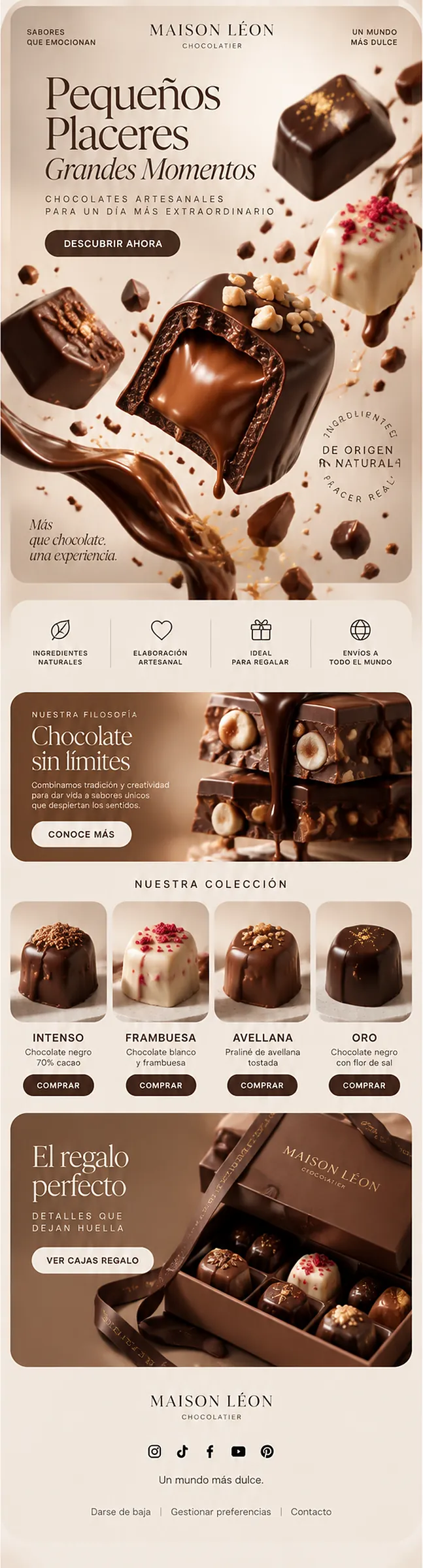 Pieza de email marketing para chocolatería artesanal: campaña de producto con catálogo y regalo