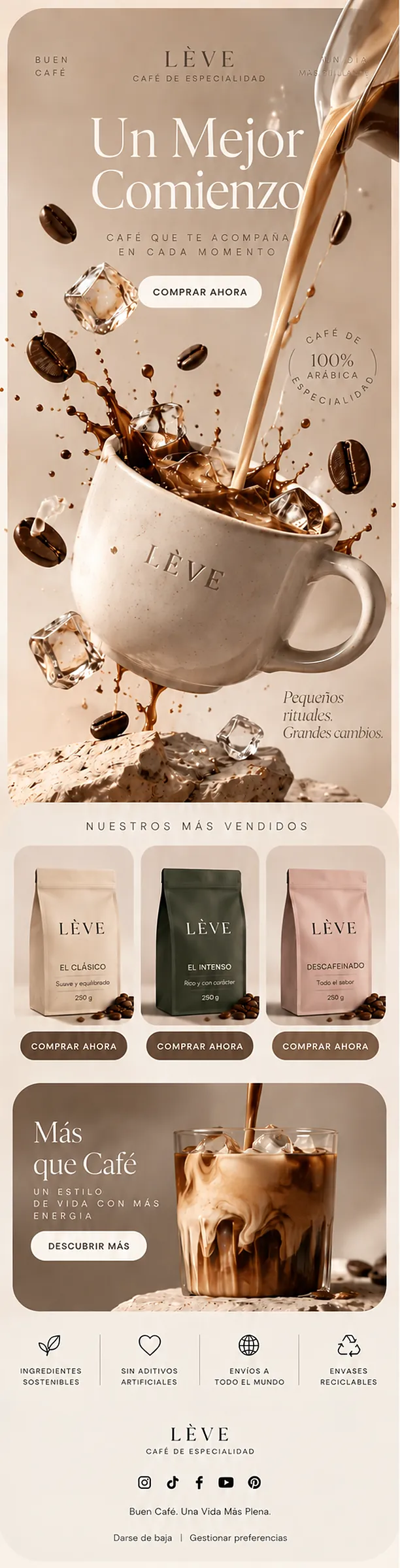 Pieza de email marketing para café de especialidad: lanzamiento y más vendidos