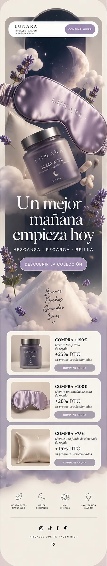 Pieza de email marketing para descanso y bienestar: bienvenida a una colección nueva